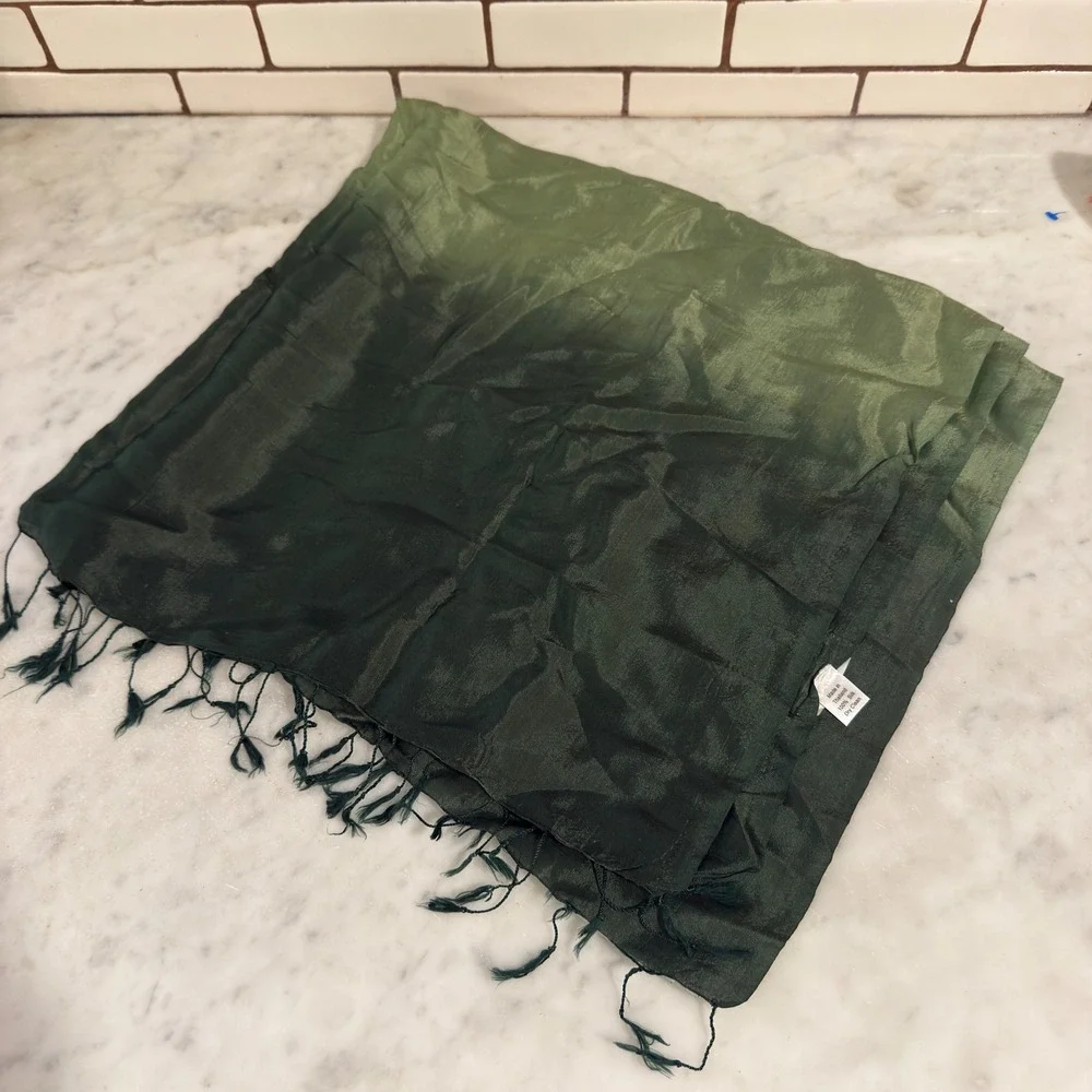 Ombre Silk Scarf Shawl‎ Wrap Green Dip Dye Fringed